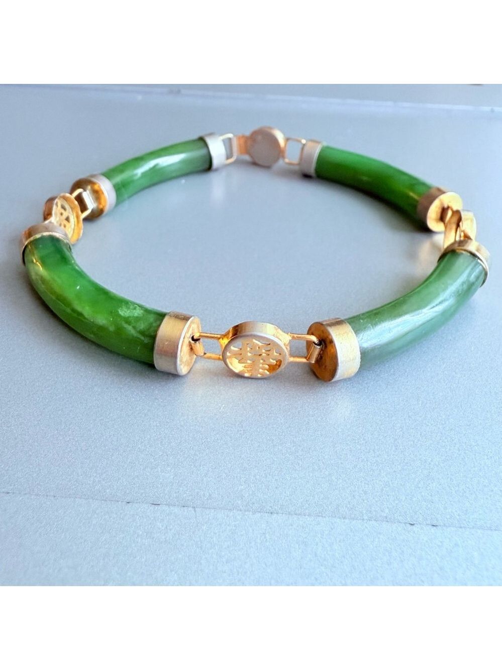 4 Lucky Wishes Natural Green Jade Nephrite Gold Tone Link Vintage Bracelet - Picture 9 of 9